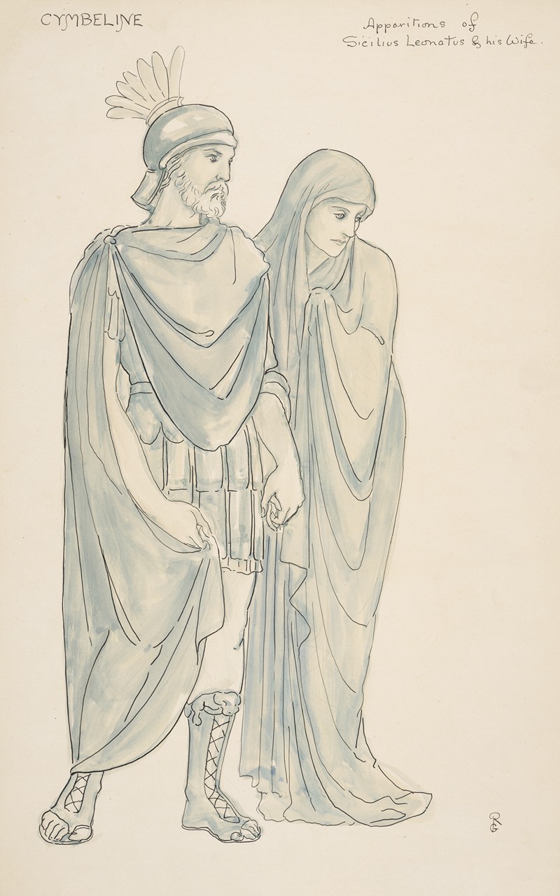 this is a drawing of a man and a woman in classical attire. the man is on the left, wearing roman armor with a helmet and a beard. the woman is to his right, draped in a robe with her head covered. the drawing is titled "cymbeline" and "apparitions of sicilius leonatus & his wife."
