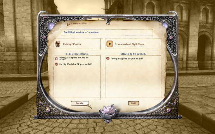 this is a screenshot from a video game showing a crafting or enchanting interface. the menu is titled "fortified waders of numenes" and the player has selected the item "fishing waders". the menu is divided into two sections: one for the sigil stone effects and the other for the effects to be applied. the sigil stone is named "transcendent sigil stone" and its effects are "damage magicka 10 pts on hit" and "fortily magicka 20 pts on hit". the player has not yet applied any effects to the item. there are two buttons at the bottom of the menu: "create" and "edit".
