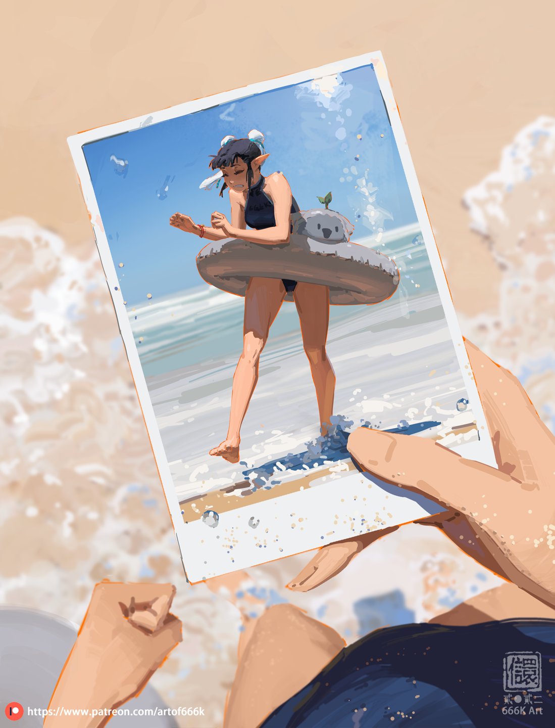 the digital painting showcases a whimsical scene.  a young elflike girl with dark hair and pointed ears is the focal point. she’s wearing a dark swimsuit and is joyfully playing in the ocean waves on a large, gray koalashaped inflatable ring. the scene is depicted as a slightly sunbleached photograph held by a person whose hands and part of their body are visible in the bottom portion of the image, adding a layer of narrative and perspective. the artistic style is reminiscent of anime or manga, with soft, slightly painterly rendering and a focus on conveying a cheerful summer mood.  the photograph’s edges are slightly worn, enhancing the sense of a treasured memory.