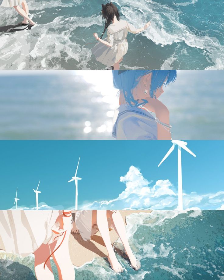 the image is a digital artwork featuring animestyle girls in various scenes at the beach. the top panel shows a girl with long dark hair in a white dress playing in the ocean waves. the middle panel shows a closeup of a girl with short, bright blue hair, appearing to be in a sailor uniform, looking thoughtful. the bottom panel shows two girls' legs with their feet in the water on a sandy beach with wind turbines in the background under a bright, sunny sky. the art style is soft and dreamy, with pastel colors and a focus on atmosphere and emotion.  the overall mood is tranquil and peaceful, evoking a feeling of summer vacation and relaxation.