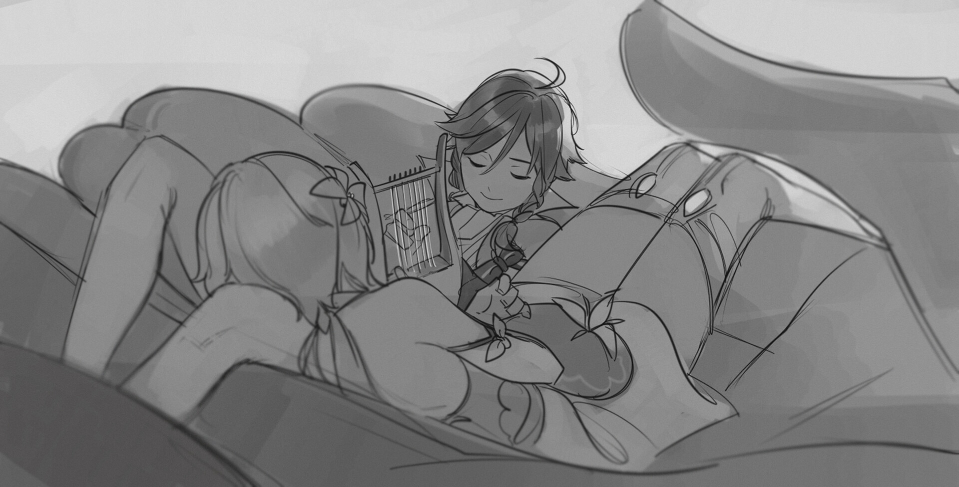 black and white sketch of venti and lumine from genshin impact. venti is laying down with his eyes closed and playing a lyre, while lumine lays with her head in his lap. they appear to be on a couch in an indoor setting.