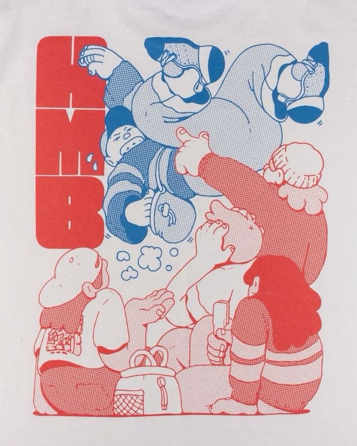 the image features a playful illustration of a group of people interacting in a dynamic and slightly chaotic way. two figures are depicted in midair, seemingly falling or playing, while others on the ground react with a mix of amusement and concern. the scene is rendered in a bold, graphic style with a limited color palette of red, blue, and white. the letters "hmb" are prominently displayed on the left side.