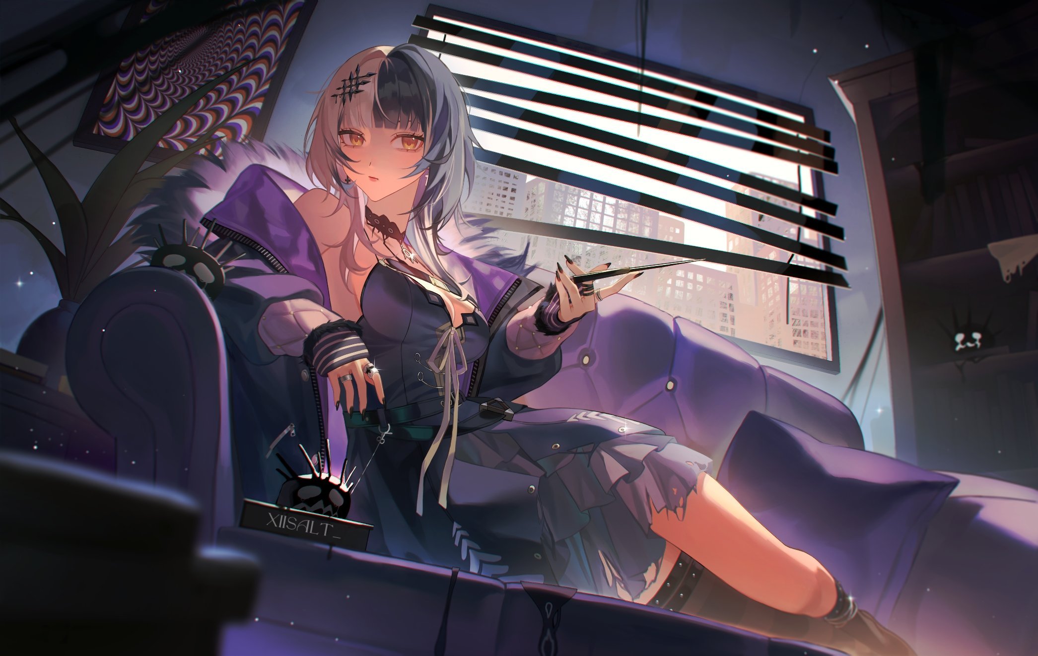 an anime girl with halfandhalf hair (blonde and gray) is sitting on a purple couch indoors. she is wearing a dark purple gothic outfit with a choker, jacket, rings, and stockings. she is smoking from a long pipe. the background features a city view through a window with blinds, and a bookshelf in the shadows.
