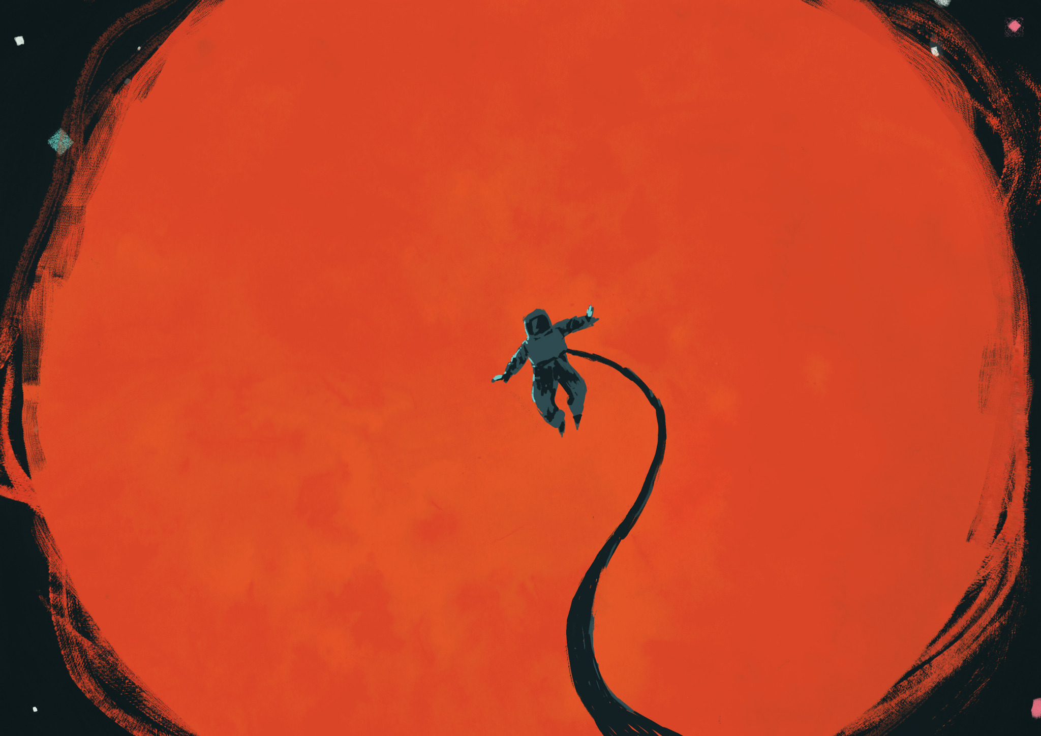 an astronaut is tethered and floating in the vastness of space, dwarfed by the looming presence of a vibrant red planet. the astronaut is the central focus, emphasizing the themes of exploration and isolation against a backdrop of cosmic grandeur.
