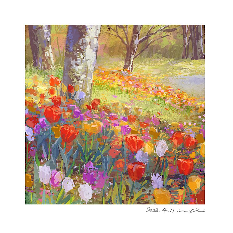 the painting depicts a vibrant field of tulips in full bloom. the flowers are a mix of colors, including red, yellow, orange, pink, and white. the tulips are set against a backdrop of green grass and trees. the trees are tall and slender, with white bark. the sky is a light blue, and the sun is shining brightly. the overall effect is one of joy and cheerfulness.
