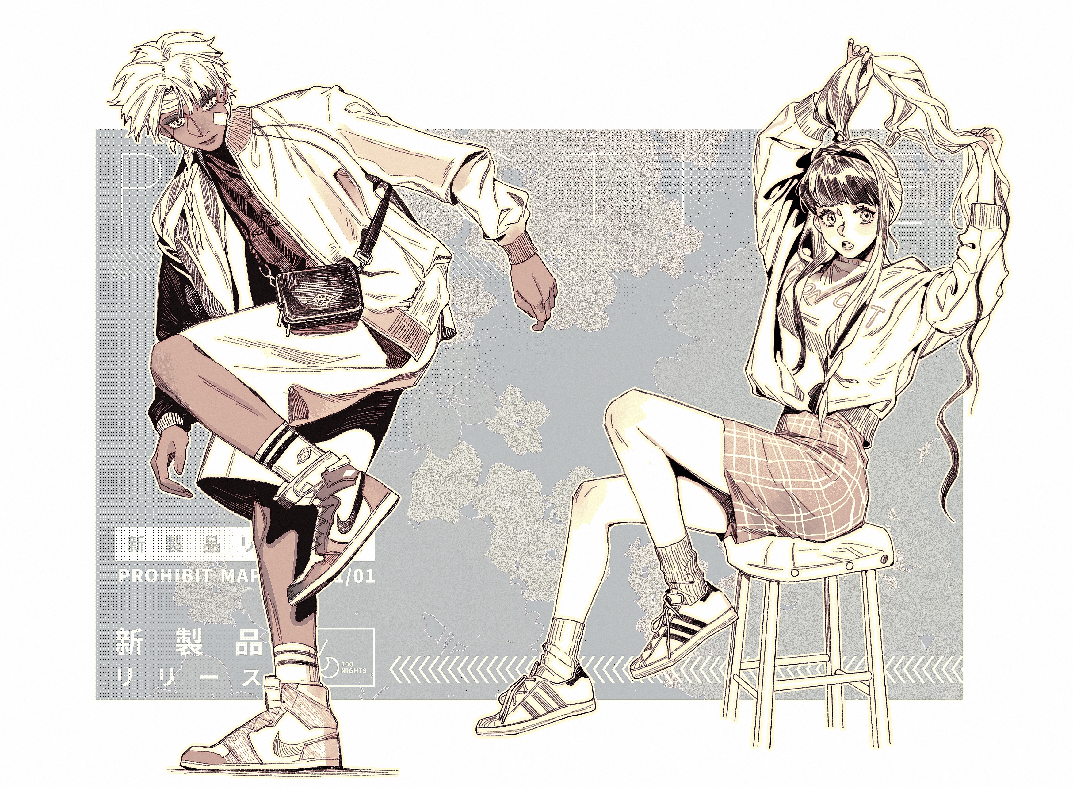 the image is a digital illustration of a male and female anime character in a stylish street wear. the male character is standing, while the female character is sitting.  the male character has a white jacket and is wearing sneakers. the female character has a gray hoodie and is wearing sneakers as well. the characters have a soft and delicate drawing style and the background is a pale blue color.  the overall style is stylish and modern.