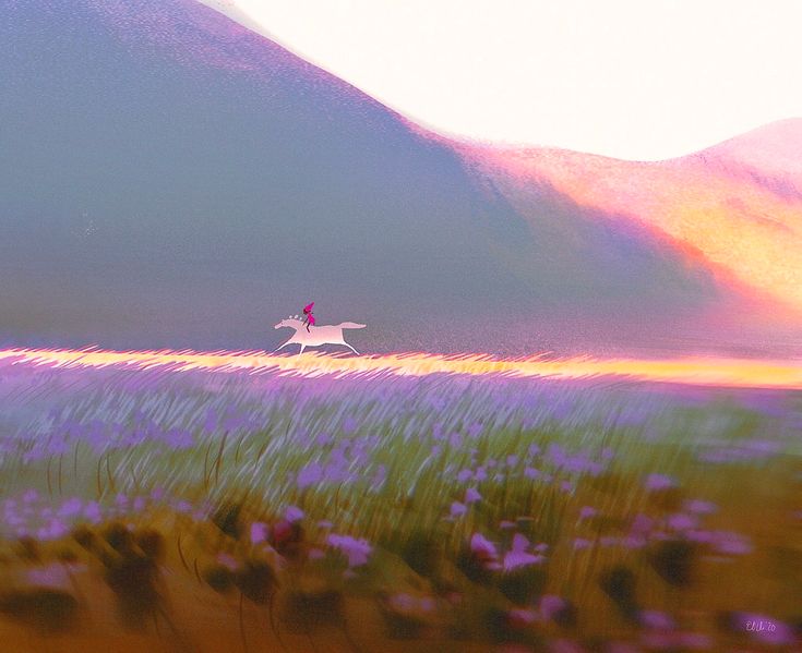 a lone rider on a white horse gallops across a vibrant field of purple flowers, bathed in the warm glow of the setting sun. the silhouette of rolling mountains rises in the background, creating a serene and picturesque scene.  the soft brushstrokes and blended colors contribute to the overall feeling of tranquility and freedom.