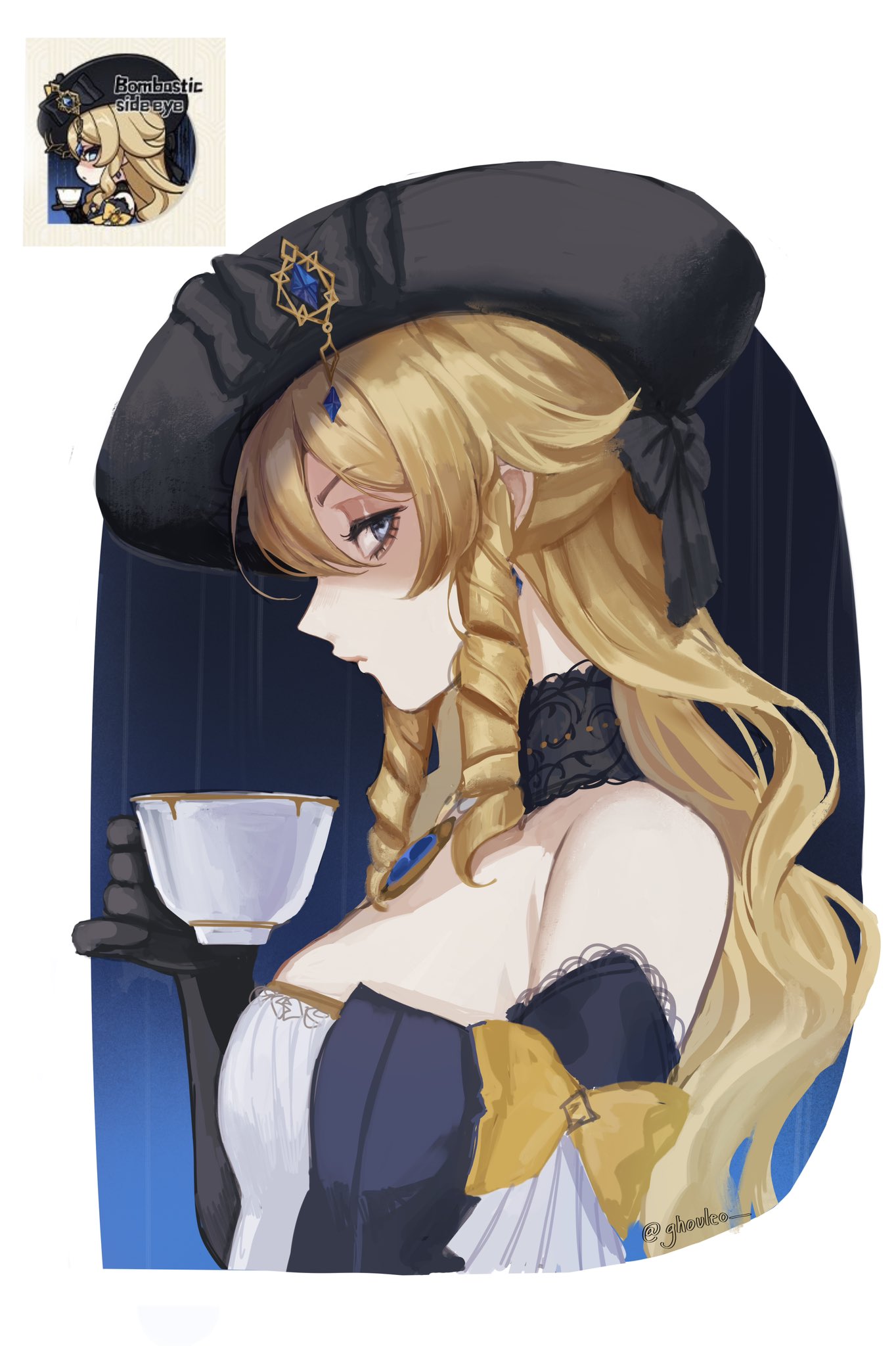 a side view of a anime girl with blonde hair wearing a black hat, a black and blue dress, and white gloves. she is holding a white tea cup in her right hand. the background is a dark blue color.