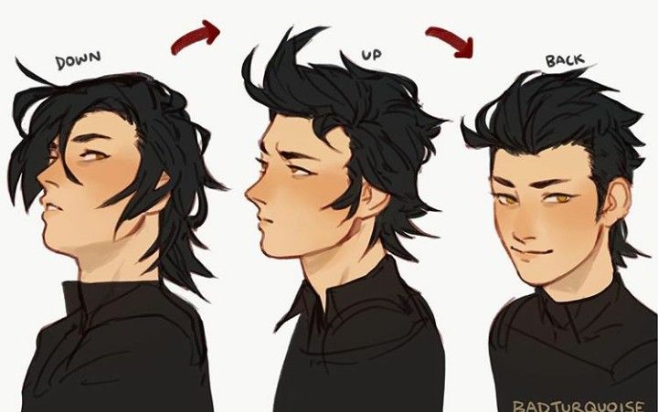 this illustration shows an anime character with black hair from three different angles. the first one shows the character from the side with his hair down. the second one shows the character from the side with his hair up. the third one shows the character from the front with his hair back. the arrows point the direction the character is facing.