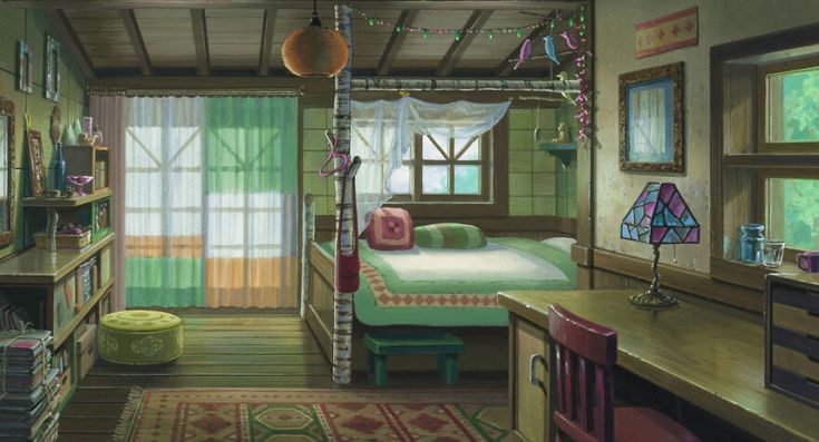 this is an image of a bedroom. there is a bed with a green blanket and a white sheet. there is a window behind the bed with a white curtain. there is a desk to the right of the bed with a red chair. there is a lamp on the desk. there is a rug on the floor. there are shelves on the left side of the room. the walls are green and there is a wooden ceiling. the room is lit by natural light coming from the window. the overall color palette is green, brown, and white.
