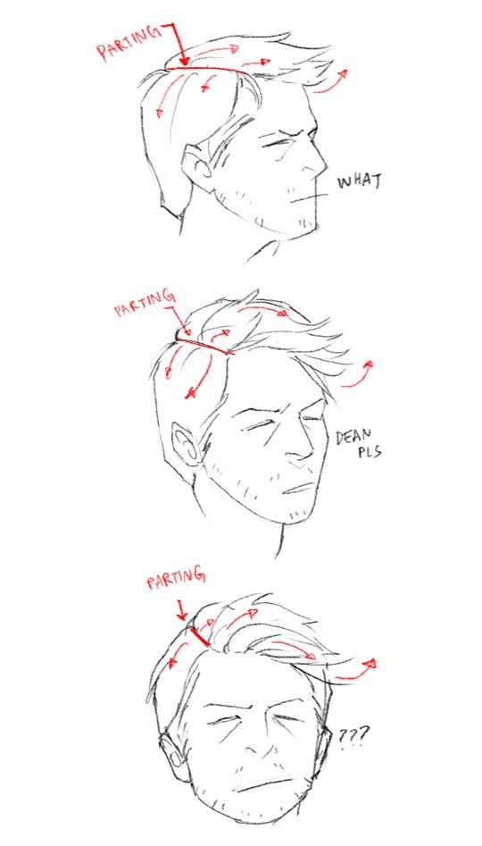 the image is a sketch of a man's head repeated three times to show different ways to part men's hair. the top image has a question mark and the word "what" written on it, seemingly frustrated. the middle image has the parting lower and further to the side, with the words "dean pls" written to indicate this is a desirable style, likely referencing the character dean winchester. the bottom image has the part even further down and back with question marks indicating confusion.