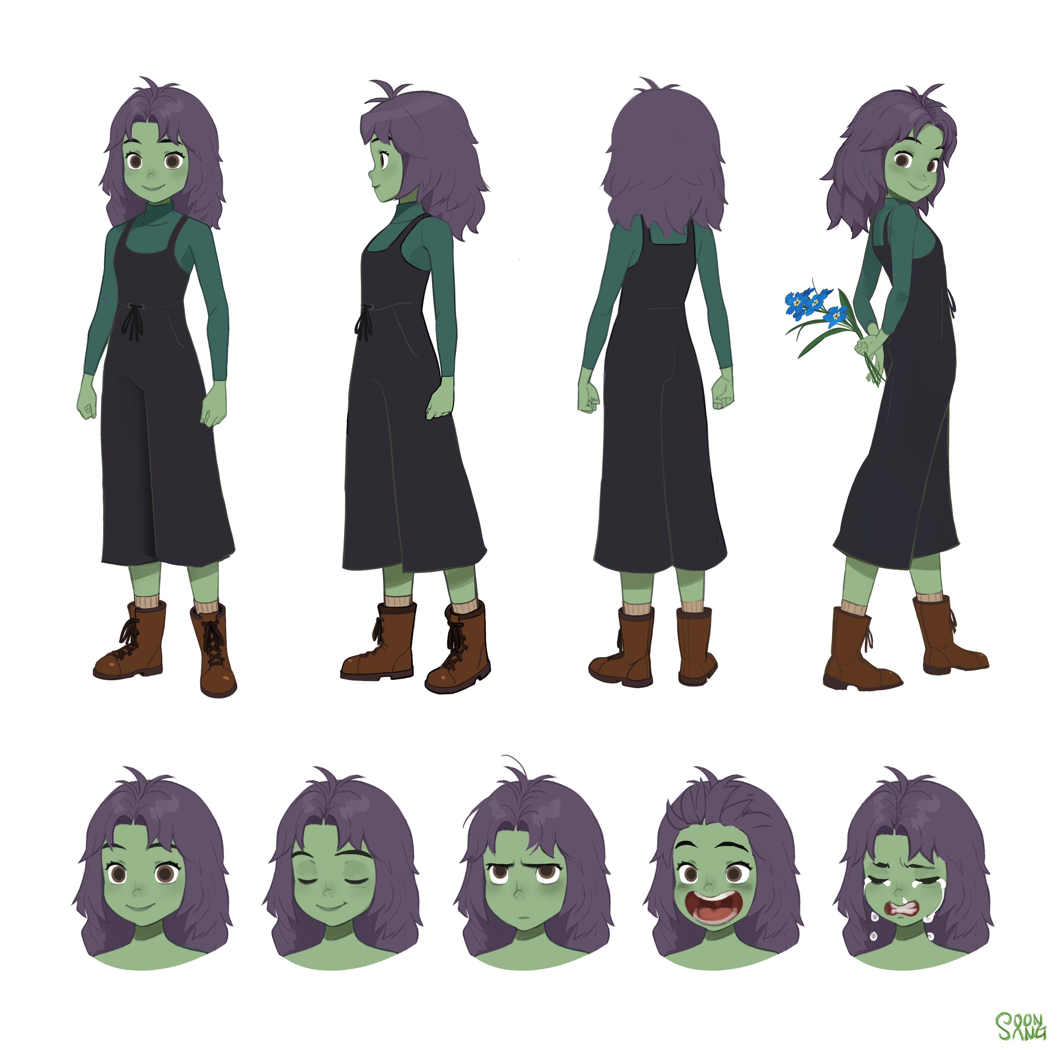 the image is a digital illustration of a character design sheet for a female character. the character is a young girl with green skin and purple hair, wearing a green turtleneck sweater, a black jumper dress, and brown boots.  the sheet showcases the character from various angles, including front, side, back, and threequarter views. it also includes a series of headshots depicting different facial expressions: neutral, content, angry, surprised, and sad. the art style is cartoonish and uses flat lighting.
