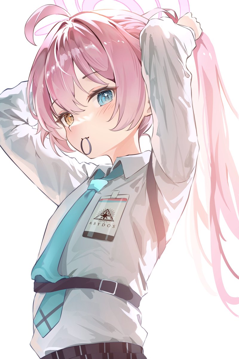 he image showcases an animestyle illustration of a girl with long pink hair styled in a high ponytail. she's wearing a lightgrey, longsleeved school uniform shirt with a teal tie and a black belt. a noticeable detail is her heterochromia iridum; one eye is blue, and the other is yellow. the girl also wears an id badge reading "abydos", a logo that features a triangle symbol. her expression is bright and friendly, and her hair seems somewhat translucent. the art style is soft and polished, giving the illustration an ethereal feel. the background is white, allowing the character to stand out prominently.