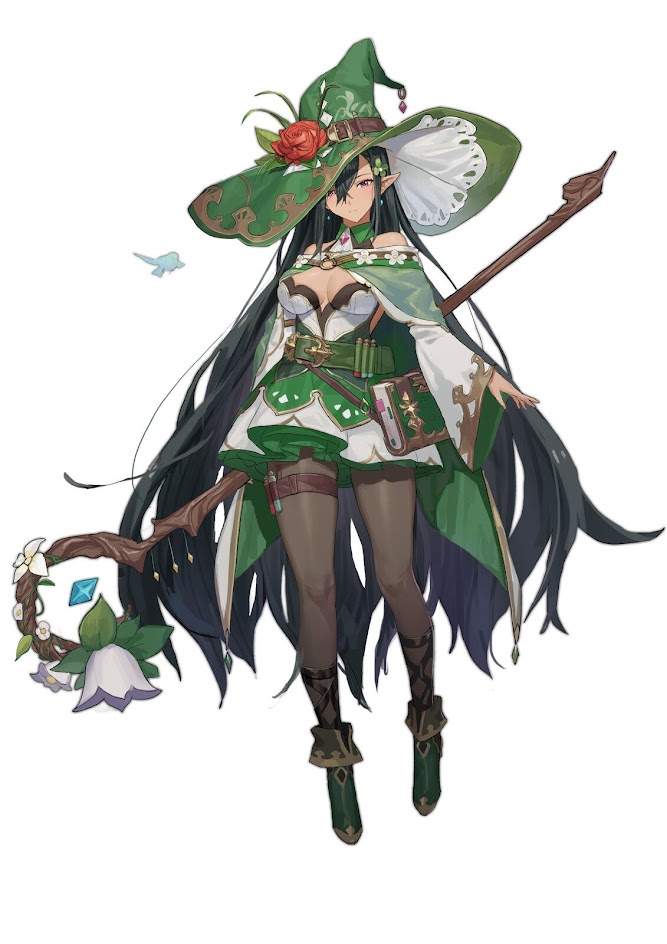 a woman with long black hair, wearing a green and white witch's outfit, holds a staff with a flower on the end and looks at the camera with a serious expression. she is wearing a large green hat with a red flower on it. her clothing features gold accents and a brown belt with several pouches. she has long green gloves and boots that match her hat.