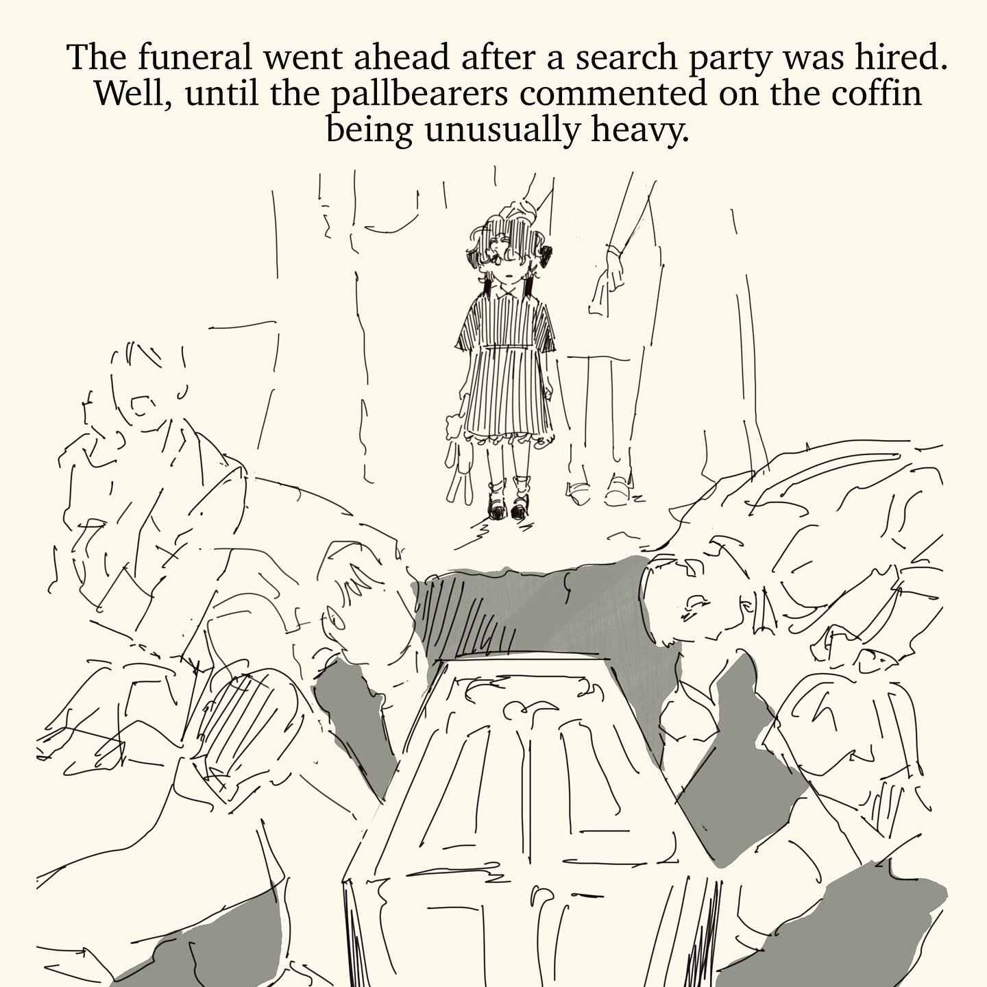 the image is a grayscale sketch or illustration in a style reminiscent of manga. it depicts a scene at a funeral.  the focus is on a group of pallbearers struggling with an unusually heavy coffin.  a small girl in a dark dress and bonnet stands solemnly nearby, holding a small toy. the overall mood is dark and suspenseful, hinting at a possibly supernatural or unsettling element to the story. the style is loose and sketchy, adding to the somewhat eerie atmosphere. the text above the image provides context, suggesting the unusual weight of the coffin is a plot point.