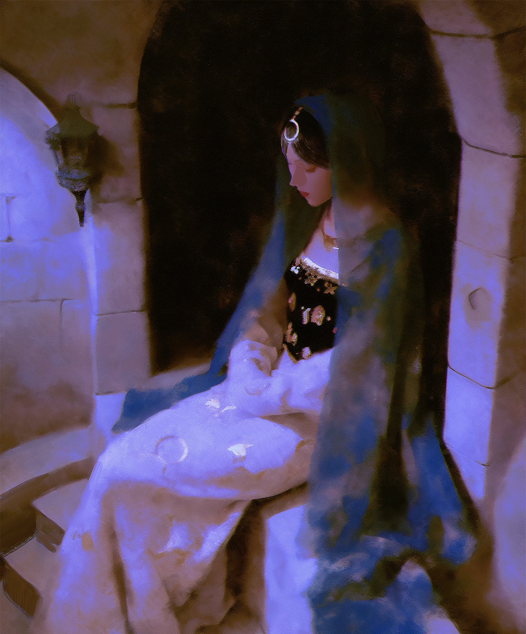 a painting of a woman in a flowing blue robe and white gown. she has her head slightly bowed and looks sad. she is sitting in a dark, shadowy space with a bright light source coming from behind her. the painting has a mystical and dreamy feel to it.