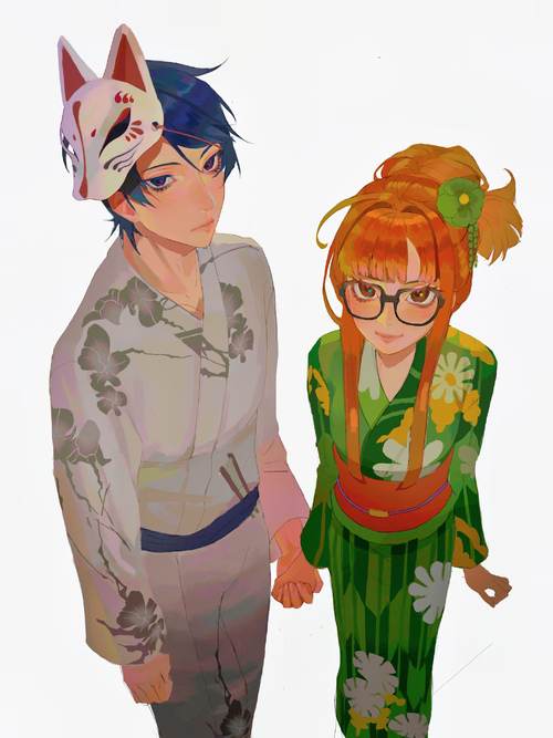 an anime couple, a boy and a girl, wearing yukata and holding hands, smiling at each other. the boy is wearing a white yukata with floral patterns and a fox mask, while the girl is wearing a green yukata with white flowers and a daisy in her hair. they are both looking at each other with affection and happiness, suggesting they are a couple on a date. this image embodies the romantic and cheerful atmosphere of a summer festival in japan.