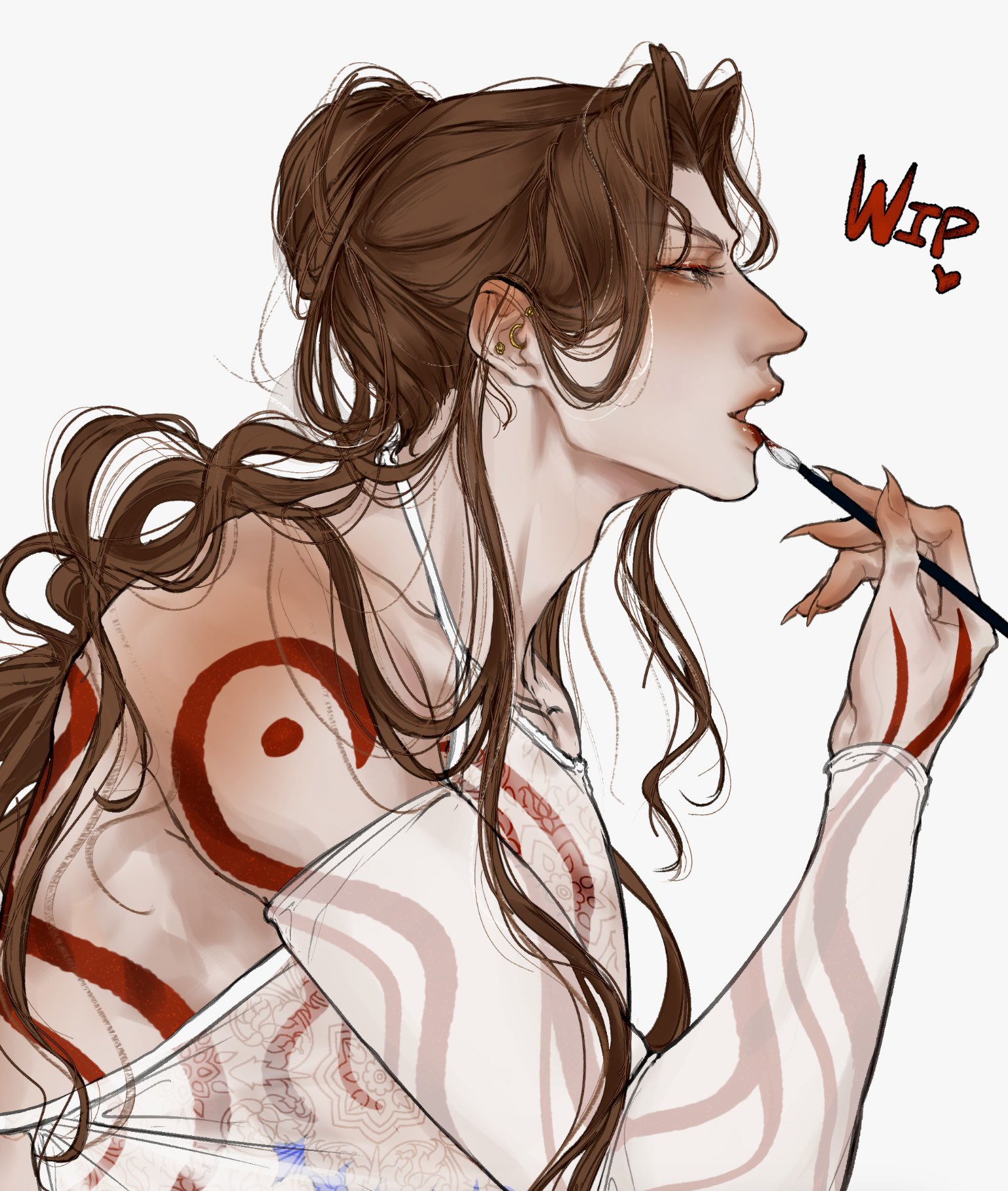 an anime style illustration of a man with long red hair, a red tattoo on his arm, applying lipstick with a brush. the artwork is labeled "wip" in the corner, signifying that it is a work in progress. the man's features are delicate and feminine, and he is looking to the right side of the image with a slightly bored expression.