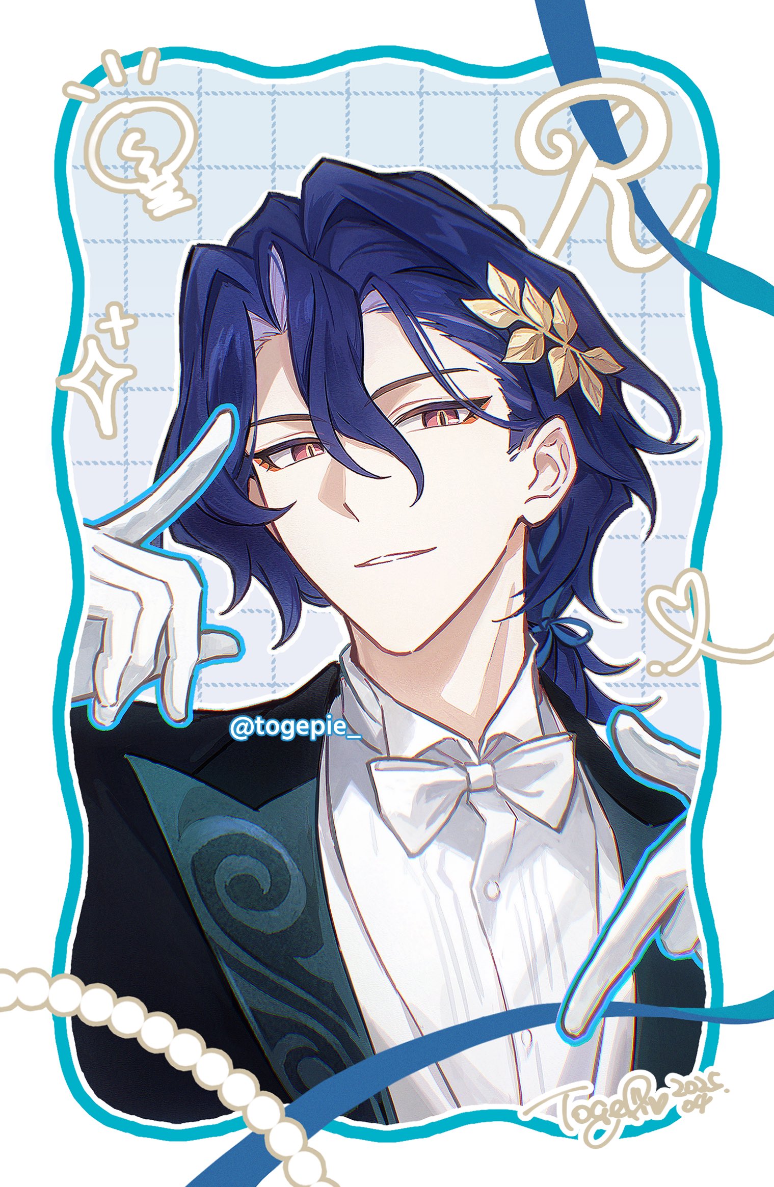 a digital illustration of an animestyle male character with dark blue hair, gold leaves in his hair, wearing a suit with a bow tie and white gloves. the image has blue accents and is signed by the artist @togepie.