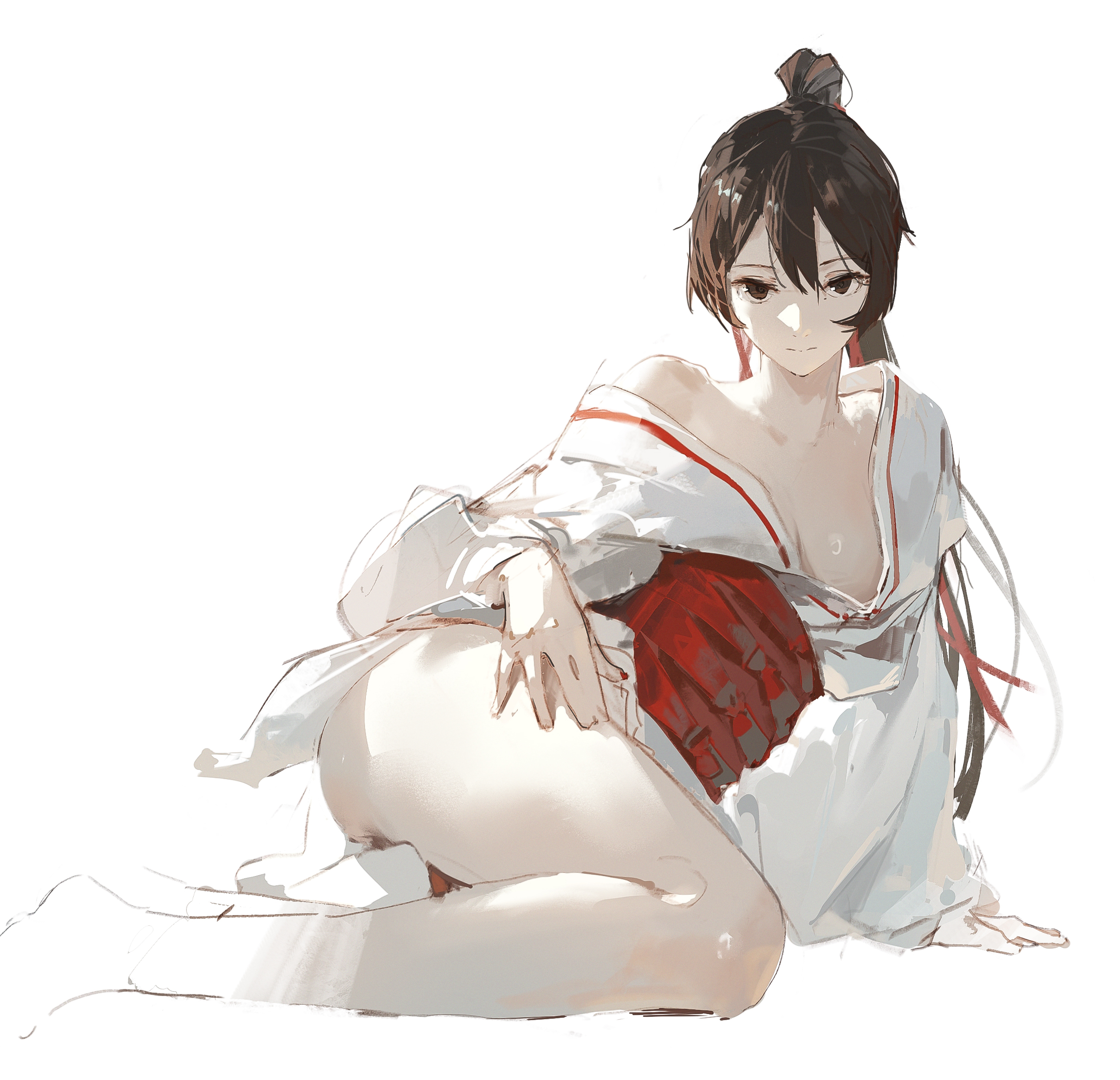 an anime girl with long black hair wearing a white kimono with red ribbons is sitting on a white floor with her legs bent to the side. she is looking directly at the camera with a slight smile. her right hand is resting on her thigh while her left hand is resting on the floor.