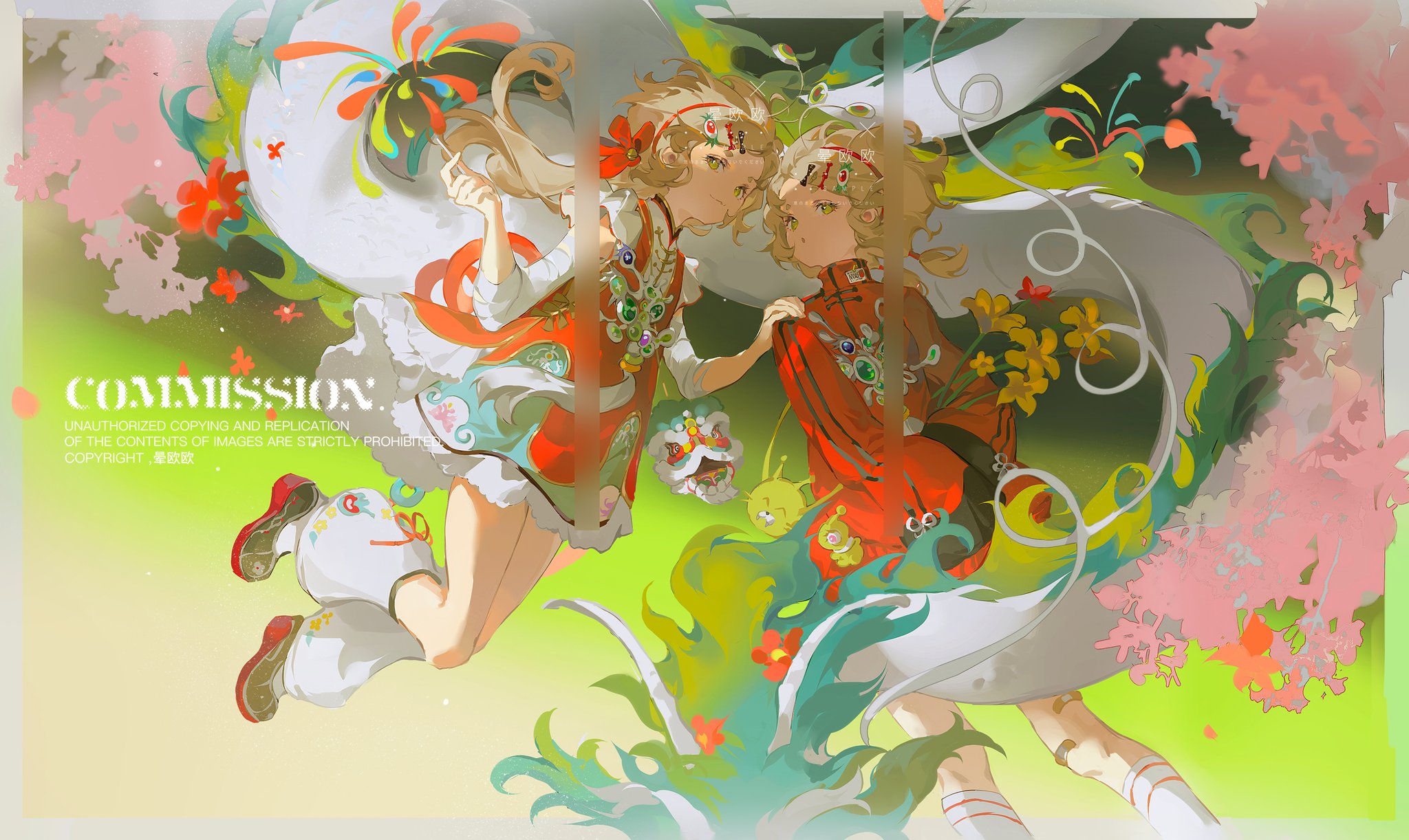 the illustration showcases twin girls joyfully floating amidst a vibrant celebration, likely for chinese new year. dressed in festive red and green outfits, they are surrounded by swirling dragons, delicate flowers, and auspicious patterns. the background is a wash of soft, bright colors, creating an ethereal and joyous atmosphere.