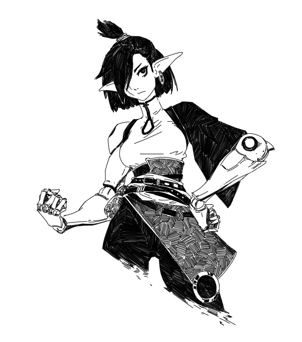 the image is a dynamic black and white ink drawing or sketch of a female elflike character.  she has pointed ears, dark hair styled in a topknot, and is wearing a futuristic/cyberpunkinspired outfit consisting of a dark top, pants, and a belt. her right arm is a robotic prosthetic, and she is posed in a strong, confident stance with one arm flexed. the style is reminiscent of manga or anime, with bold lines and hatching to create shading and texture. the overall feel is one of strength and determination, suggesting a warrior or fighter.