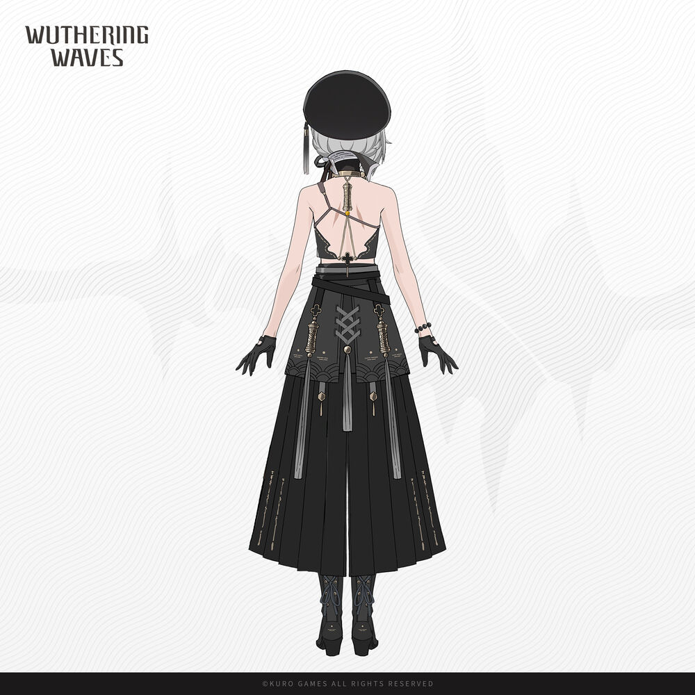 a rear view of a female character wearing a black and white outfit consisting of a beret, a halter top, a long skirt with decorative straps, black gloves, and boots. the character has short gray hair and a slender build. the background is white with a faint wavy pattern.