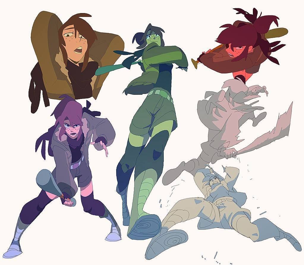 the image is a drawing of five cartoon characters in different fighting poses. they are all women with different hairstyles, clothing, and weapons. the characters are drawn in a dynamic style, with their bodies twisted and turned in midaction. the drawing is done in a stylized, colorful manner with shading and highlights. the background is white, allowing the characters to stand out. the image is a fun and energetic portrayal of fighting and action.