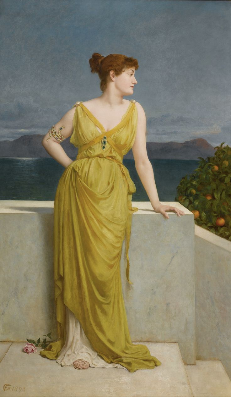 a fulllength portrait painting of a woman in a flowing yellow gown, standing on a terrace overlooking a calm sea and mountains in the distance.  she is elegantly dressed in a style reminiscent of classical antiquity, with her hair styled up and jewelry adorning her arms and chest.  the woman appears calm and contemplative, her gaze directed towards the sea.  orange trees are visible in the background to the right. the style of the painting suggests a 19thcentury artistic movement, possibly preraphaelite, with attention paid to detail and color. a single rose lies on the ground near her feet.