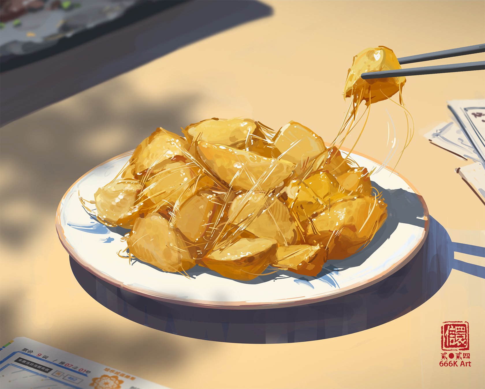 a digital painting depicting a plate of candied sweet potatoes. the sweet potatoes are golden brown and glossy, with strands of caramelized sugar glistening. a single piece is being lifted by chopsticks. the scene is set on a table bathed in sunlight, casting shadows on the table and plate. the overall style is soft, warm, and inviting.  a signature stamp is visible in the bottom right corner.