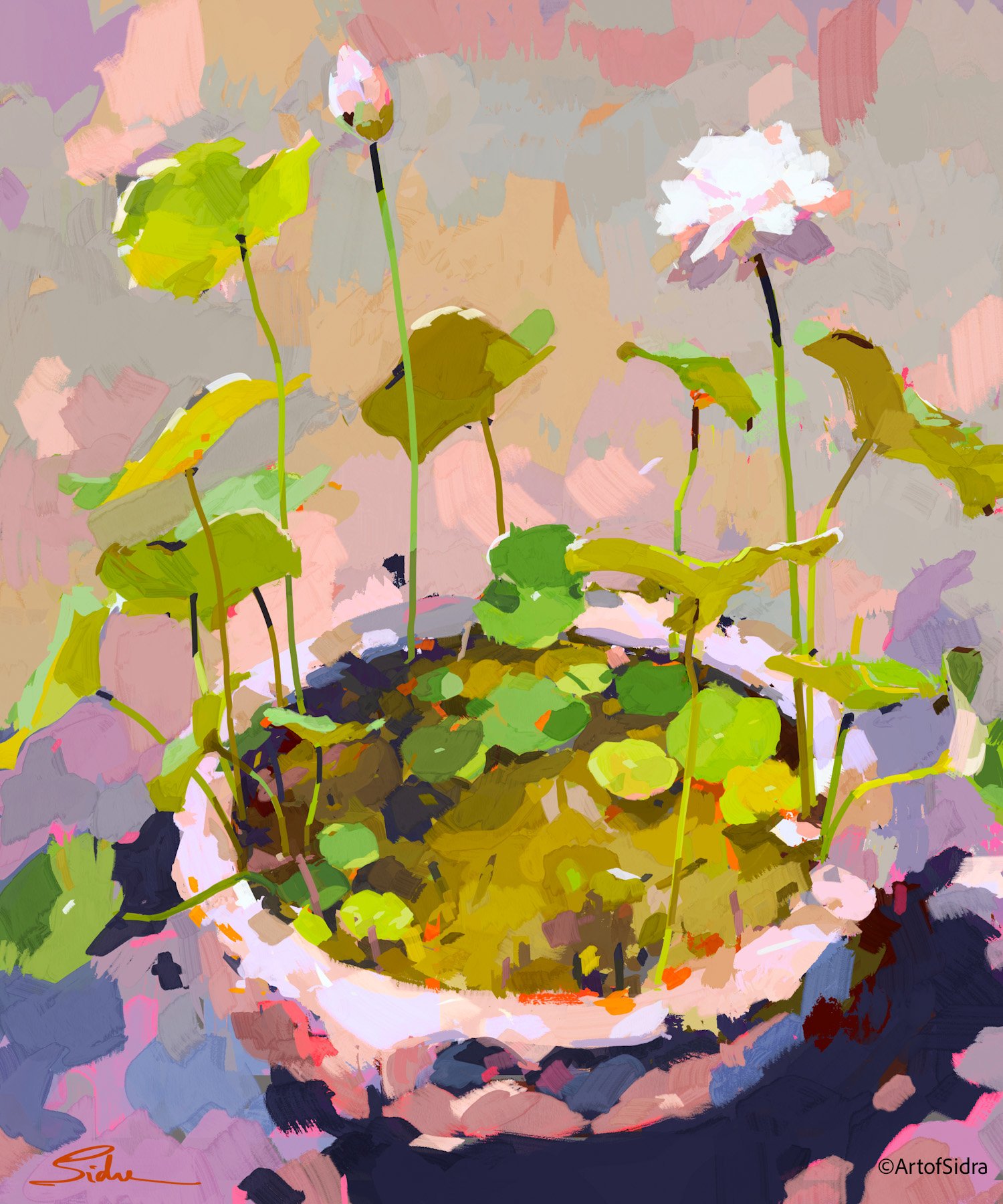 this painting depicts a collection of lotus plants and flowers growing in a flowerpot filled with water. the flowers include a closed bud and an open white bloom. the leaves are a mix of greens and yellows, and the water reflects the leaves and flowers. the painting is done in an impressionistic style, with visible brushstrokes and a soft color palette. the background is a mix of pinks and grays. the painting is signed "sidra" and "artofsidra" at the bottom.