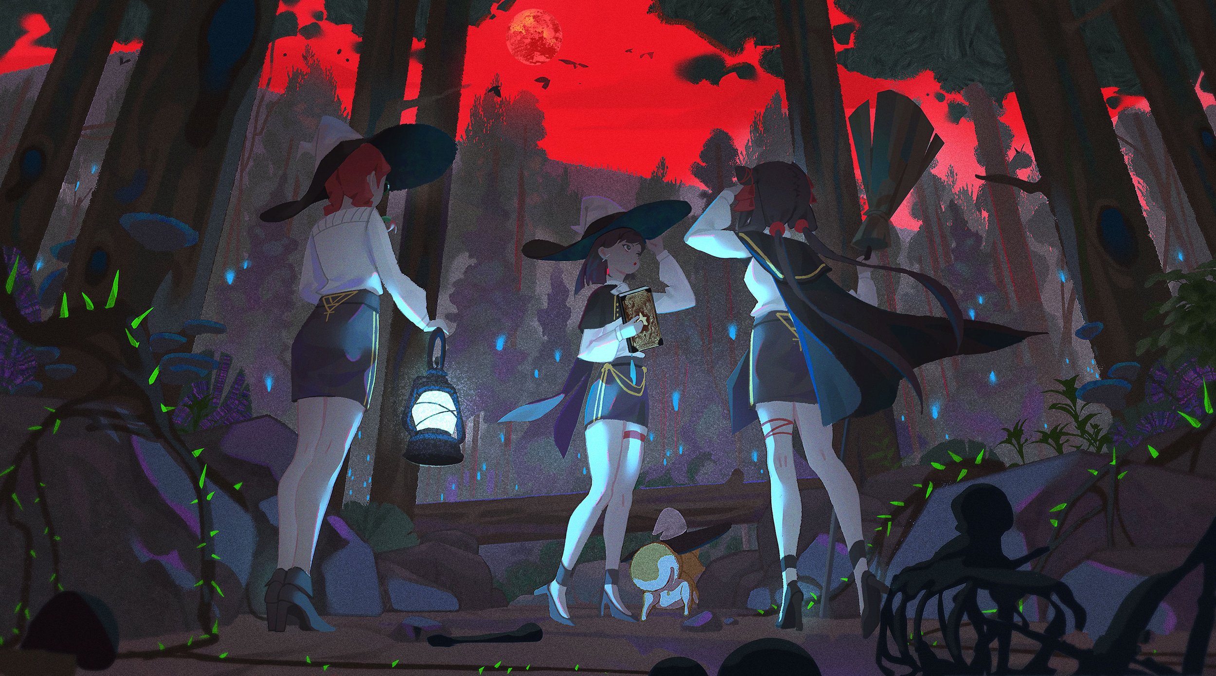 he illustration showcases three animestyle girls, dressed as witches, venturing through a dark and mysterious forest under a bloodred sky illuminated by a large, ominous moon.  they wear long cloaks and pointed hats. one carries a lantern, another a book, while the third appears to be looking out into the distance.  the forest is filled with glowing, bioluminescent mushrooms and strange, spiky plants.  a small creature resembling a dog or fox is near their feet. the overall atmosphere is eerie, mysterious and magical, with a blend of dark and vibrant colors.  the style is reminiscent of fantasy art and digital painting, with a focus on detailed character design and a stylized environment.