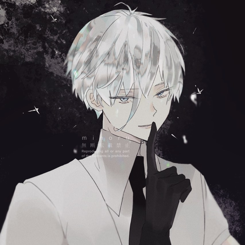 he image is a digital drawing of a stylized animestyle boy. he has long, white, silver hair, and is wearing a white suit and black gloves.  he has a finger to his lips, suggesting silence or secrecy. the art style is soft, with a slightly muted color palette leaning towards grayscale with hints of blue in his eyes and some light shimmering accents in his hair. the background is dark and somewhat textured.  text at the bottom indicates that reproduction of the image is prohibited.  the overall mood is mysterious and elegant.