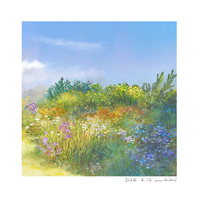 the image is an impressionistic painting of a meadow filled with colorful wildflowers. the meadow appears to be bathed in sunlight with a clear blue sky. the perspective of the image is at eye level.