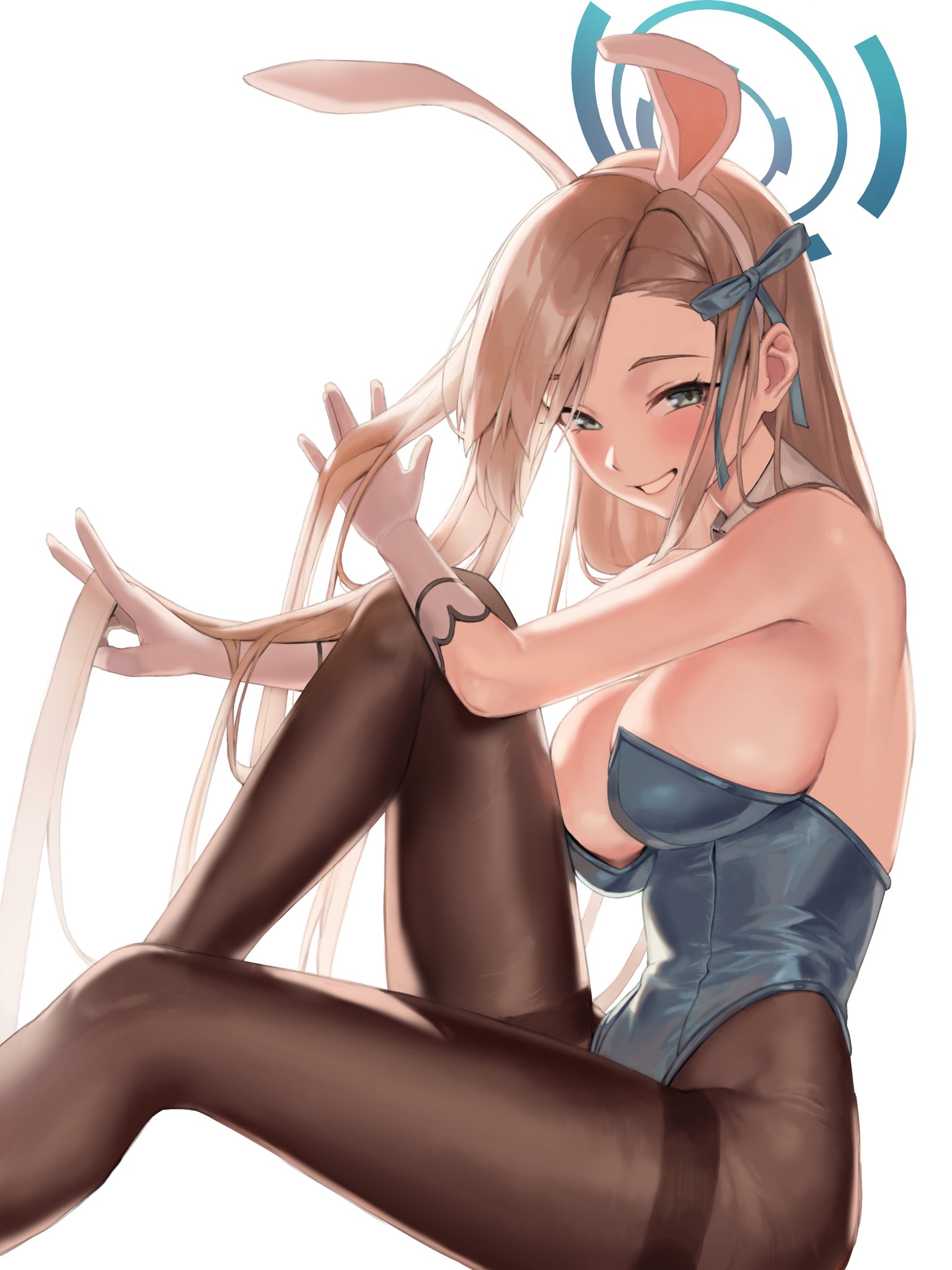 the image is a digital illustration of an animestyle girl dressed in a blue bunny girl bodysuit and black tights. she has long blonde hair and is sitting with her legs slightly apart, smiling playfully. her hair is partially covering her chest, and she seems to be adjusting or playing with her hair. the background is white, with a teal circular design resembling a digital interface element behind her head.  the overall style is suggestive and emphasizes the character's attractiveness.