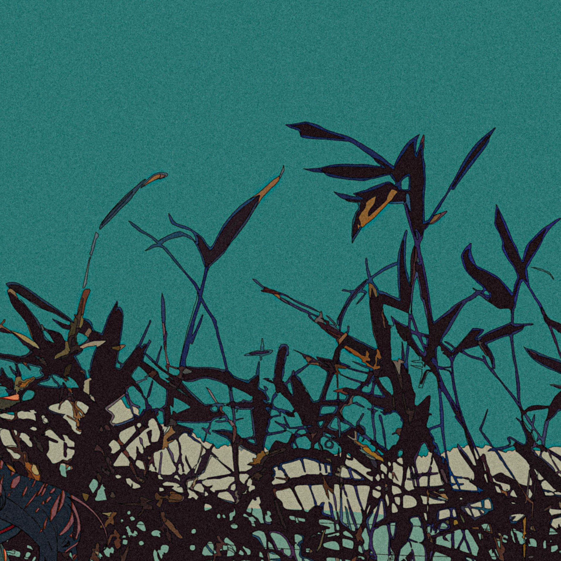 the image is an abstract stylized illustration of plants, possibly grasses or reeds, silhouetted against a teal background.  the plants are rendered with dark, almost black, lines and shapes, creating a strong contrast against the lighter teal. the style is graphic and somewhat whimsical, with a textured quality to the background and the plants themselves. the overall mood is peaceful yet slightly mysterious.  there's a hint of a lighter colored area at the bottom, possibly suggesting a horizon line or ground level. the artistic rendering uses a combination of sharp lines and softer, more painterly areas to achieve a unique aesthetic.