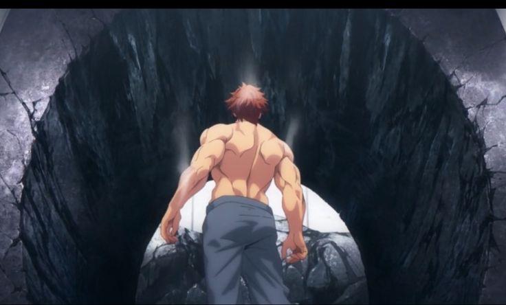 a shirtless muscular anime man with dark hair is standing in a dark, shadowed cave, looking away. he has a ripped physique with welldefined abs and muscles. the background is dark, with deep shadows and hints of a cavelike entrance.