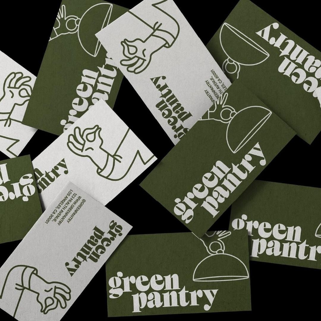 several green and white business cards scattered for "green pantry", a food related business, potentially a restaurant. kw: business card, logo, green, food, restaurant, pantry, brand identity, stationery, design