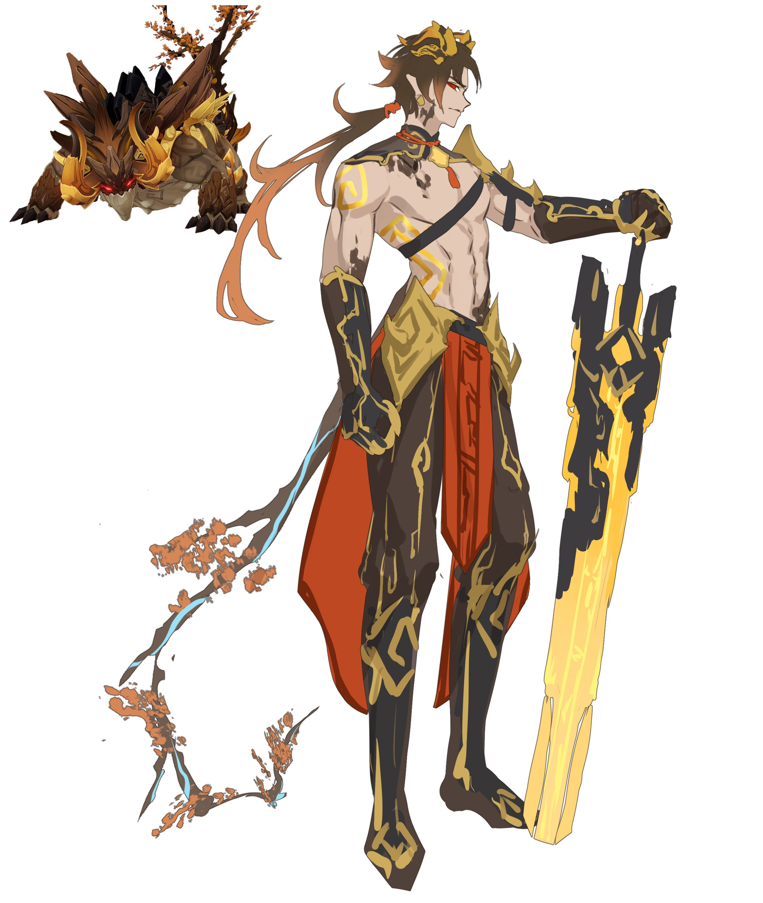 the image features a male character with brown skin and long, flowing dark brown hair styled in a high ponytail.  he is depicted in a dynamic pose, wielding a large golden sword. his attire is ornate and intricate, with elaborate gold and black armor and flowing red fabric. he has striking red eyes and an intense expression. a small, fiercelooking creature with a rocky hide and fiery mane is positioned above his left shoulder. the scene is accented with stylized branches adorned with delicate pink blossoms. content: character design, fantasy illustration people: male character, mythical creature environment: n/a lighting: dramatic, highlighting the character perspective:  frontal view, slightly angled  kw: fantasy, character, warrior, sword, mythical, creature, ornate, armor, red, gold, black, powerful, dynamic