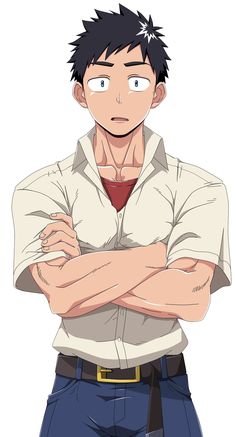 a young, muscular man with short, spiky black hair and worried eyes stands with his arms crossed. he wears a shortsleeved, opencollared, white shirt, blue jeans with a brown belt, and a red undershirt.  content: 1 person, drawing people: 1 man environment: n/a lighting: flat perspective: eye level kw: anime, manga, male, man, young adult, muscular, worried, concerned, standing, arms crossed, portrait, casual, simple background