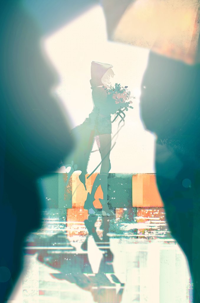 an anime illustration of a girl in a hooded dress holding a bouquet of flowers. she is standing in a puddle of water. the image is heavily blurred and uses a bright, backlit lighting style. the background is blurry and the focus is on the girl. the overall color palette is soft and muted with a focus on cool tones.