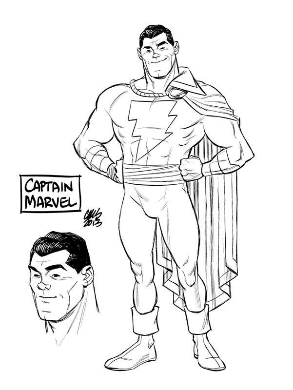 the image is a black and white drawing of captain marvel/shazam, a muscular superhero with a cape and a lightning bolt emblem on his chest. a portrait of the character's head is also included, along with the words "captain marvel" in a box and the artist's signature with the year 2013.
