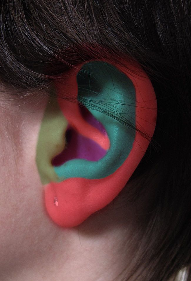 the image shows a closeup of the right ear of a person with dark hair. the ear is digitally colored with sections of teal, red, green and purple. the lighting is artificial and the perspective is a side view.