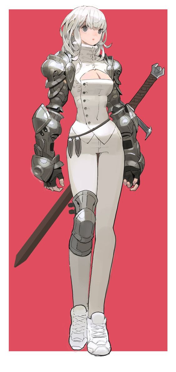 the illustration features a female warrior with flowing white hair, clad in stylish white attire and gleaming silver armor. she stands confidently against a solid red background, wielding a doubleedged sword that rests at her side. her attire, a blend of elegance and battlereadiness, consists of a white, buttoned top that reveals a hint of cleavage, formfitting white pants, and armor strategically placed on her shoulders, arms, and knees. her determined expression and strong posture project an aura of power and readiness for combat. the soft lighting and muted color scheme enhance the overall sense of strength and femininity.