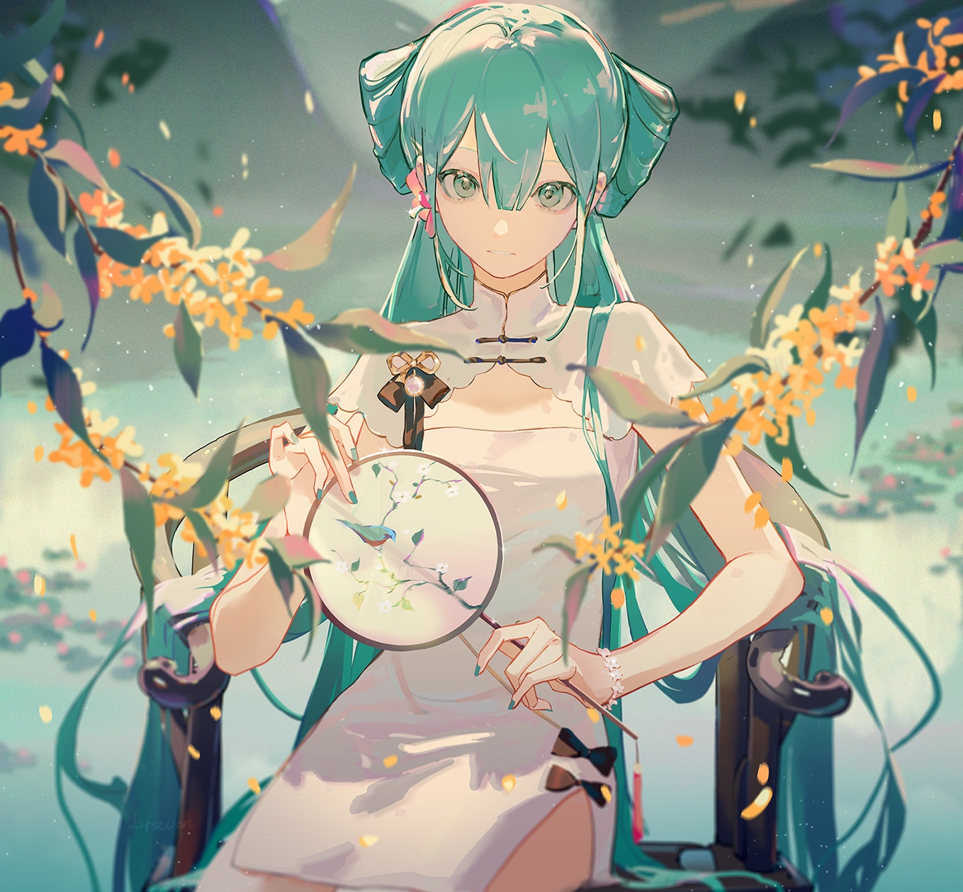 the image is a digital painting of an anime girl with long, vibrant teal hair styled in buns. she is wearing a light beige cheongsam, a traditional chinese dress, and holds a hand fan adorned with a small bird and floral designs.  she sits gracefully on a dark wooden chair, surrounded by blooming yellow flowers and lush green leaves.  the overall style is soft, pastel, and evocative of a peaceful, spring or summer day. the artwork is detailed and features a delicate balance of color and light.