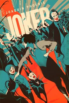 this is a movie poster for the film "joker". it features a dark and gritty illustration of the joker, played by joaquin phoenix. the poster is full of chaotic imagery, reflecting the dark and disturbing nature of the character and the film. the title "joker" is written in bold, white letters against a red and orange background. the poster is designed to be eyecatching and attentiongrabbing, and it effectively captures the essence of the character and the film.  a dark spiky dog creature sits in the foreground with its mouth open wide as if snarling.  a young boy with green hair is shown in the left of the center foreground as well as the joker who is shown in the center of the image.  a crowd of people is shown in the background.