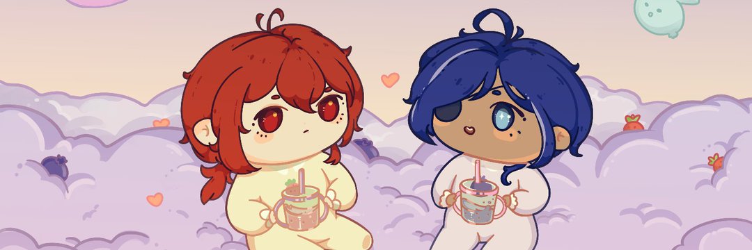 the illustration features two anime characters, one girl with red hair and a yellow outfit, and a boy with blue hair and a white outfit. both characters are sitting on clouds, holding bubble tea, with hearts in the background. the girl has big, red eyes, and the boy has big, blue eyes. they both have happy expressions, and they're both smiling. the illustration is very cute, and it makes you feel happy and relaxed.