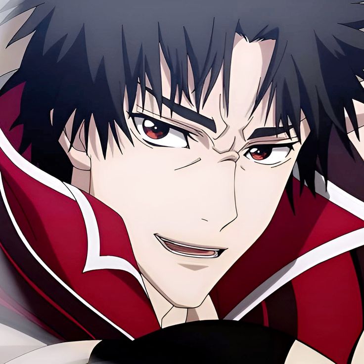 the image features an anime male character with dark hair and red eyes. he is wearing a red collar with white trim and smirking with a confident expression. the background is blurred and dynamic, suggesting a sense of action or movement. the character's sharp features, piercing gaze, and determined expression evoke a powerful and stylish aura. the overall theme of the image suggests action, adventure, and fantasy, possibly within a supernatural or animeinspired setting.