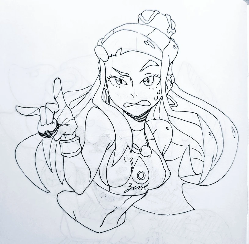 this is a line art drawing of a female anime character with long hair, wearing a stylized outfit and posing with one arm extended to the left. she appears to be making a surprised or scared expression. the character is partially covered by her own hair in a creative design.