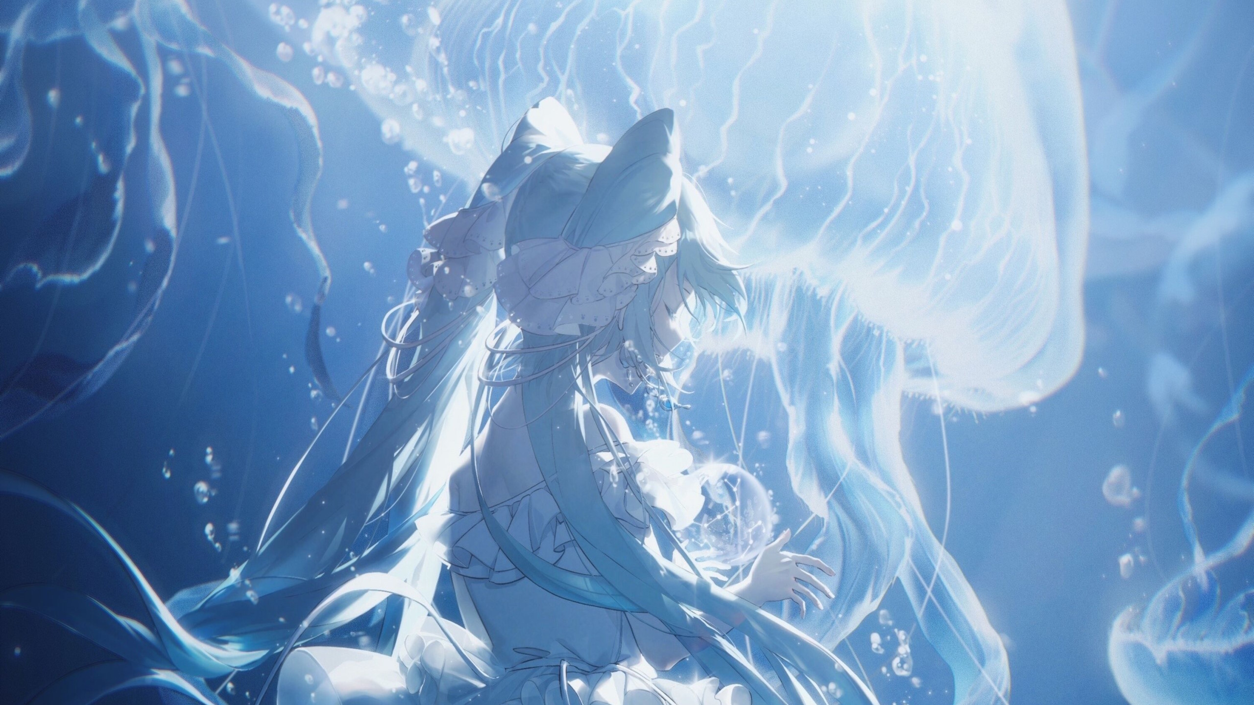 he image is a digital painting or illustration depicting an animestyle girl with long, flowing blue hair. she is wearing a white dress and appears to be underwater, surrounded by large, translucent jellyfish.  the overall aesthetic is ethereal and dreamy, with soft, light blue tones and a focus on the fluidity of the girl's hair and the jellyfish's tentacles.  the scene is peaceful and serene, suggesting a magical or fantasy setting. the style is highly artistic, with a focus on light and shadow to create a sense of depth and atmosphere. the girl's expression is serene, and her pose is graceful and elegant.  the artwork strongly resembles the style of illustrations of hatsune miku, a popular virtual singer, but this cannot be confirmed for certain.